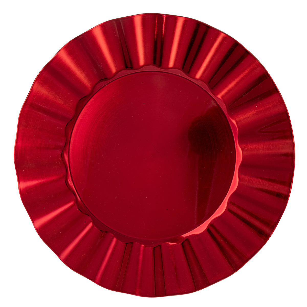 Red ridged charger plate with scalloped-edge bowl, shot from above on a white background