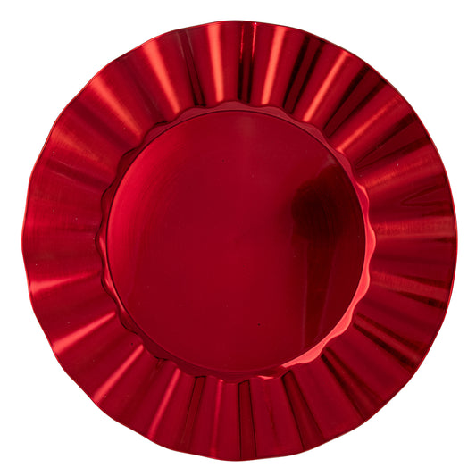 Red ridged charger plate with scalloped-edge bowl, shot from above on a white background