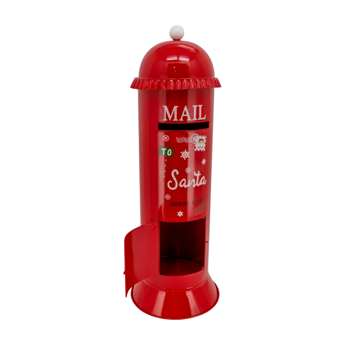 Red Santa mail box decoration with mail slot, To Santa lettering, snowflake motifs, white ball finial and hinged retrieval door.