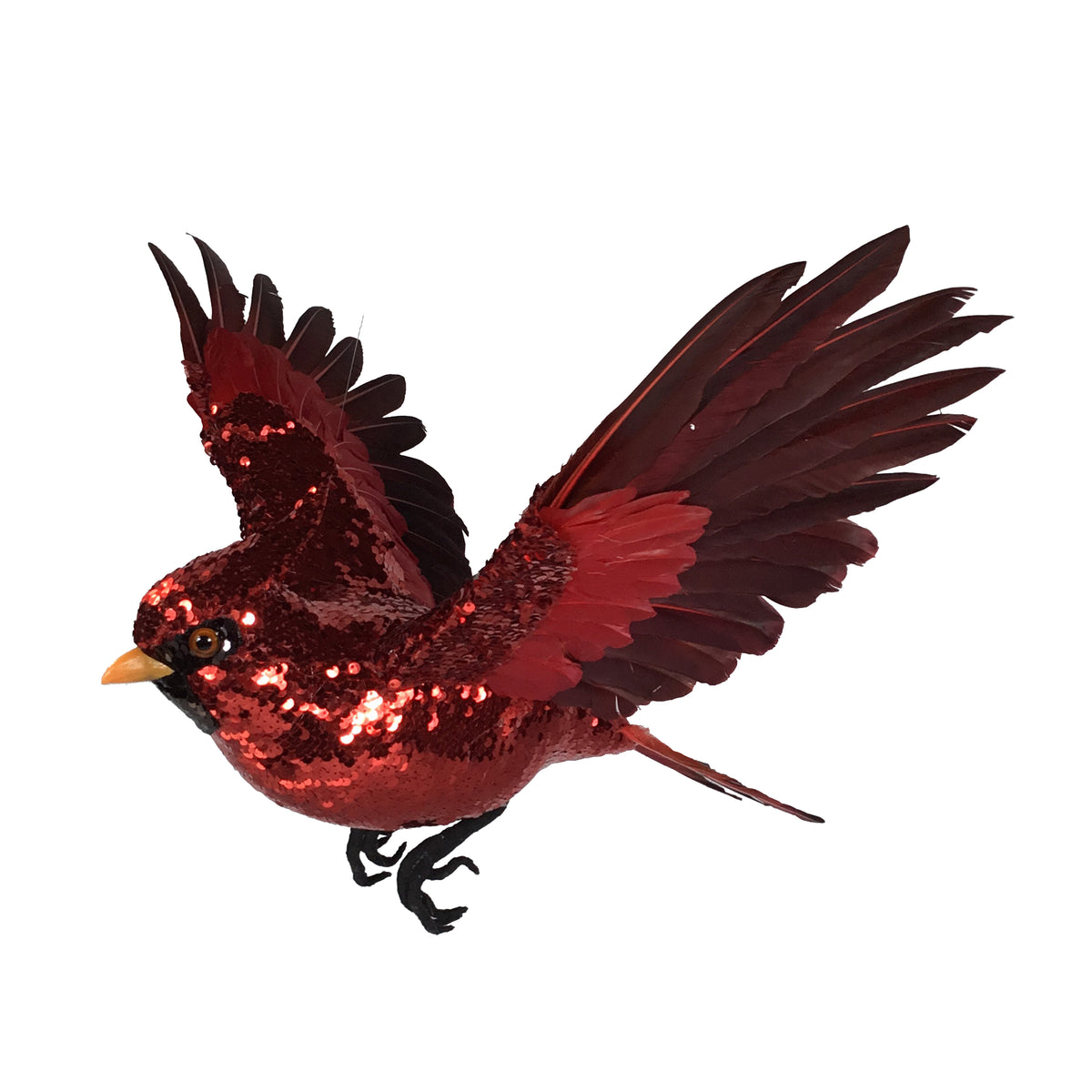 Red sequin flying cardinal Christmas decoration with burgundy feather wings, yellow beak and amber eye detail