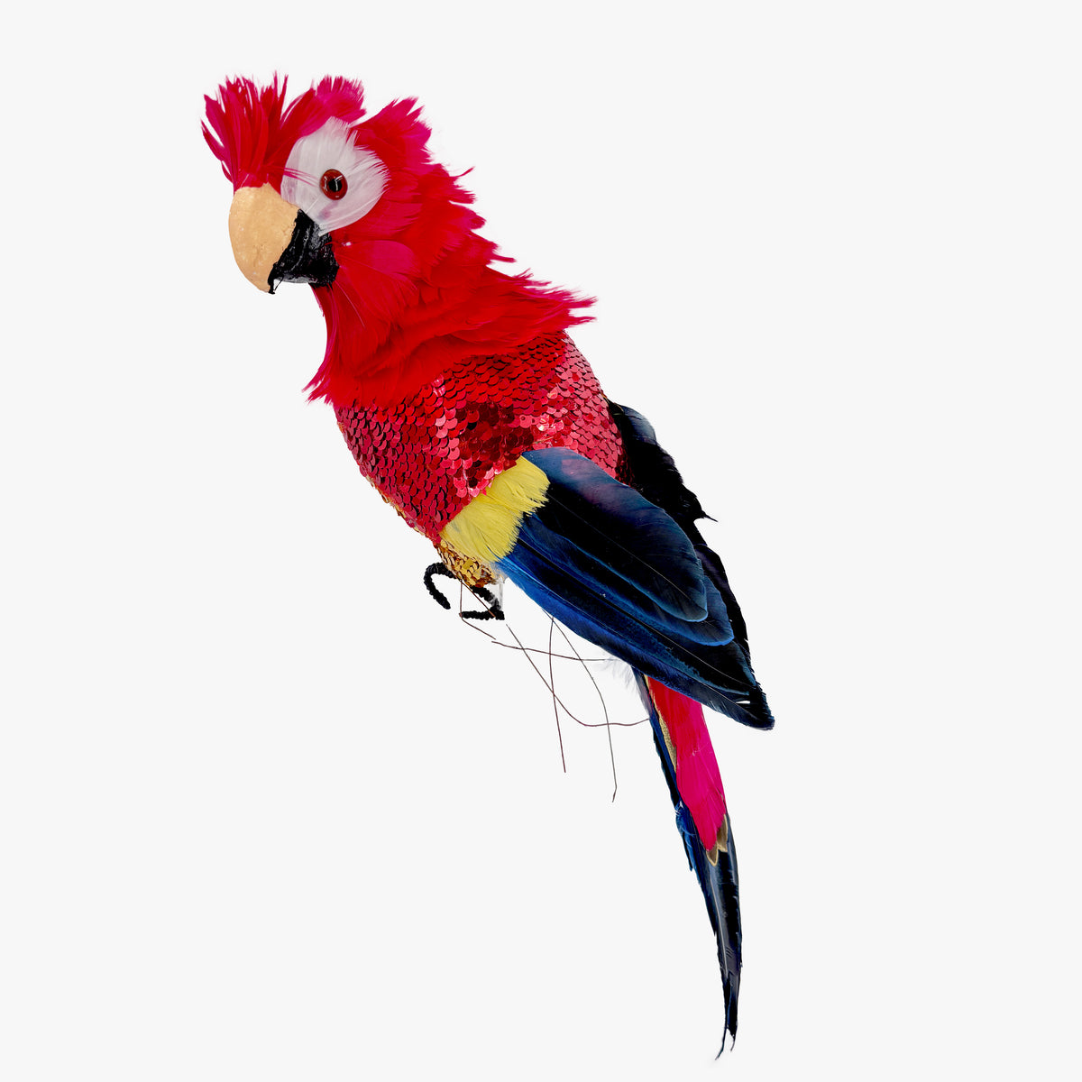 Red sequin parrot Christmas decoration with red feather crest, red sequin body and navy blue and fuchsia tail feathers
