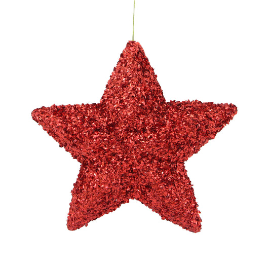Red sequin covered five-pointed star hanging tree ornament on a cord