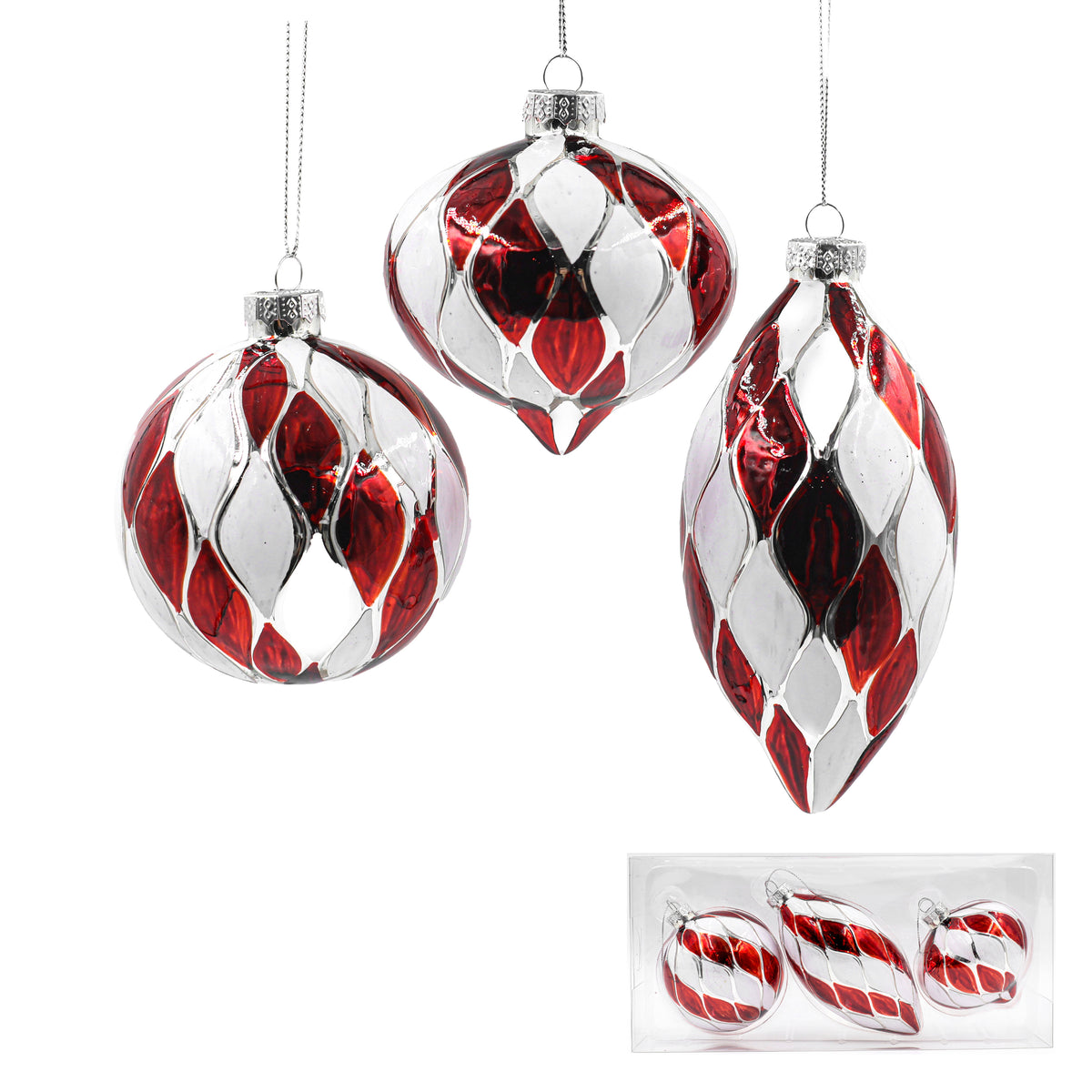 Set of three red and silver harlequin glass ornaments in ball, onion and drop shapes, in gift box