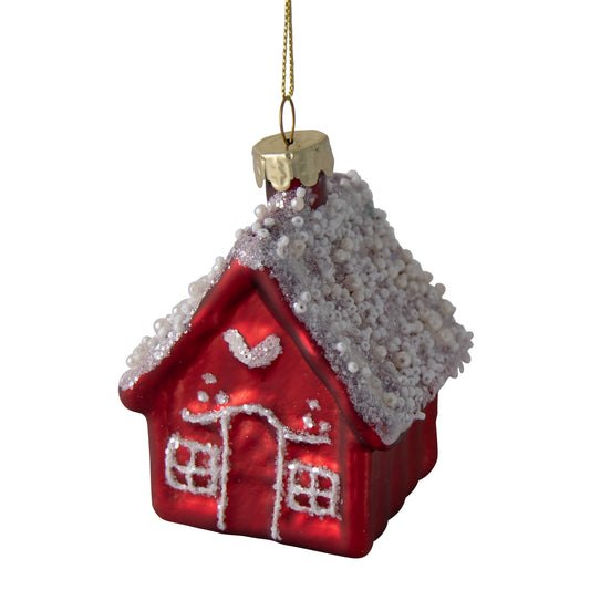 Red glass cottage ornament with white beaded snow roof and glitter window and door detail