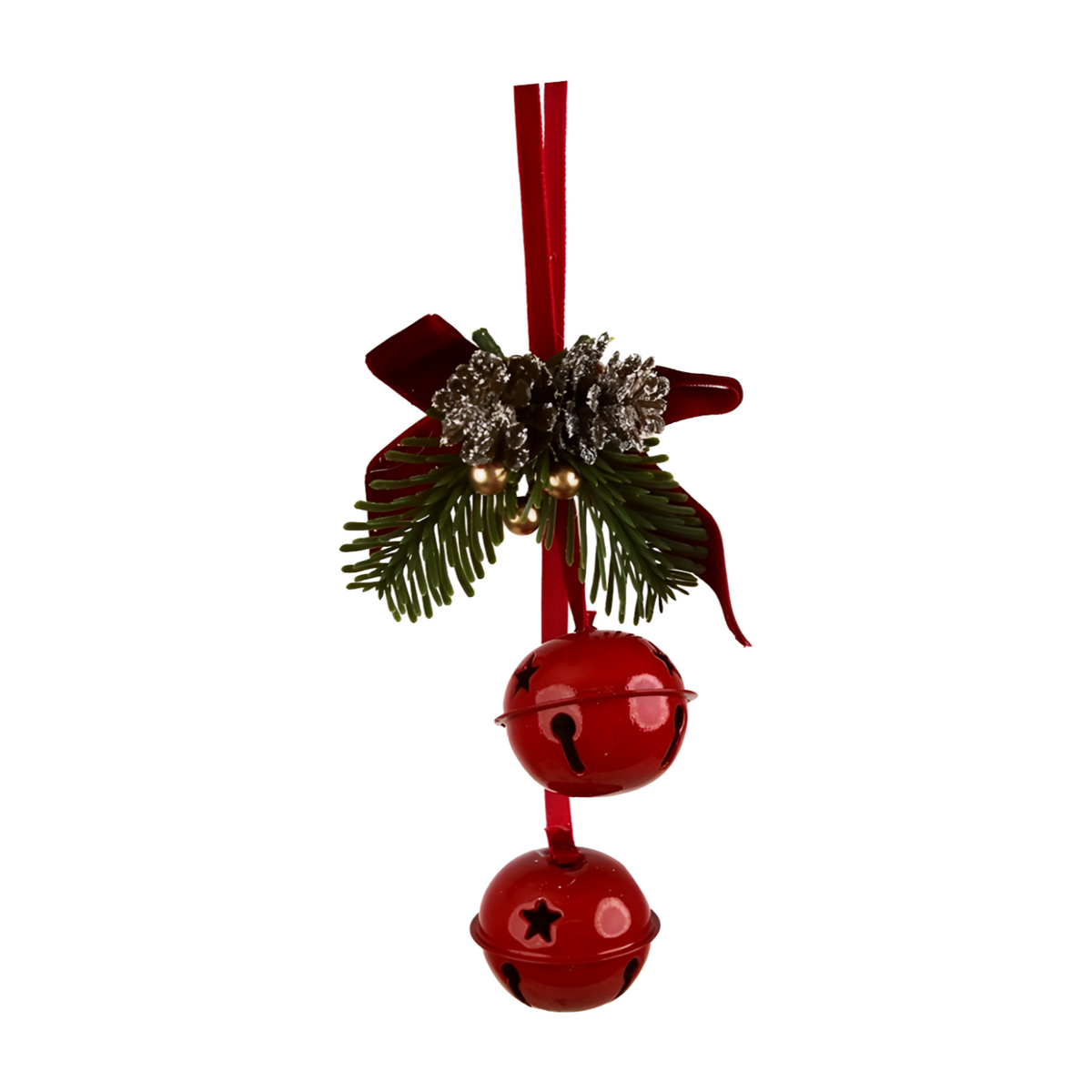 Red double stacked jingle bell Christmas decoration with star cut-outs, pine sprigs, gold berries, pinecones and red bow