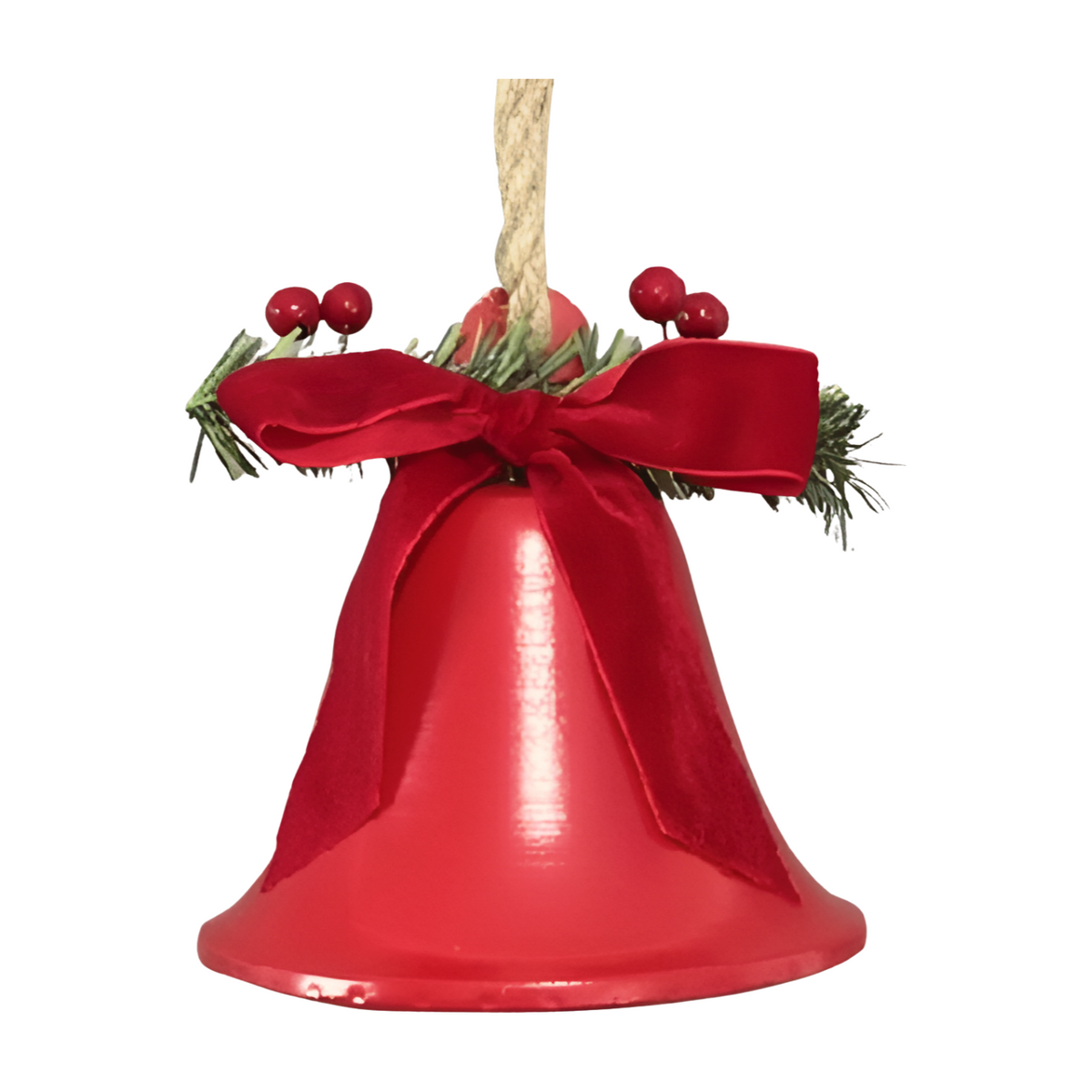 Red decorative bell with velvet bow and pine accents