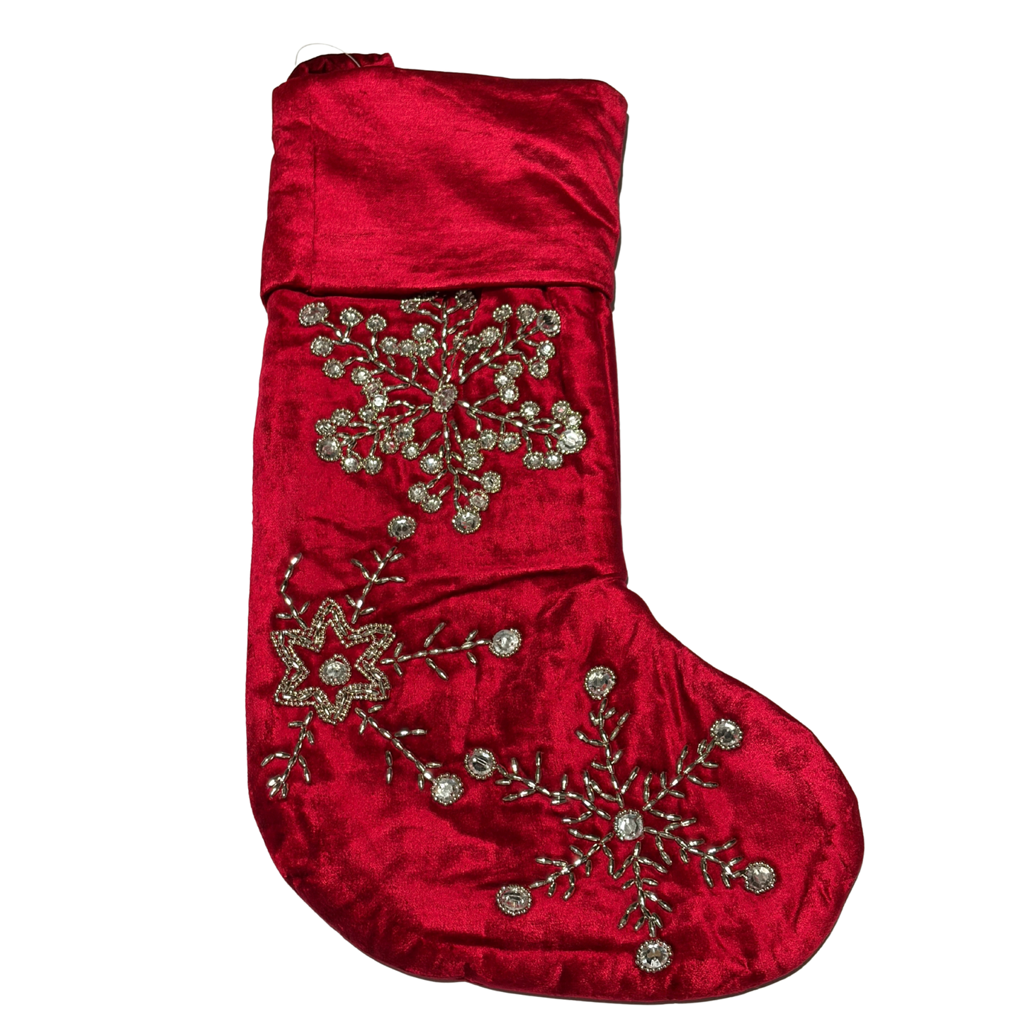 Hand-beaded red velvet Christmas stocking with crystal snowflake designs