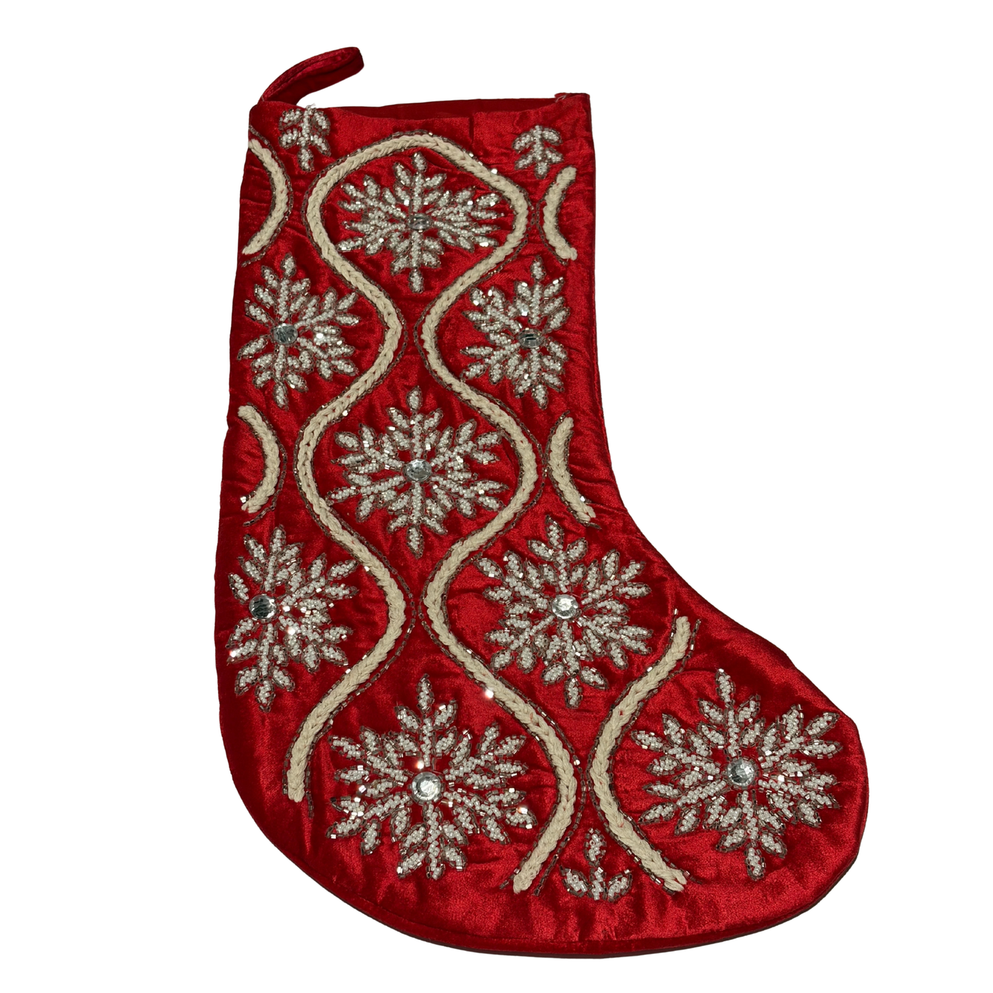 Hand-beaded red velvet Christmas stocking with silver snowflake designs