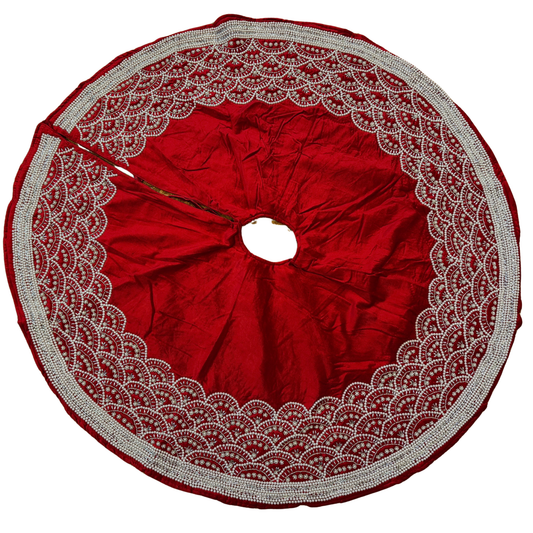 Hand-beaded red velvet Christmas tree skirt with pearl and silver scalloped design