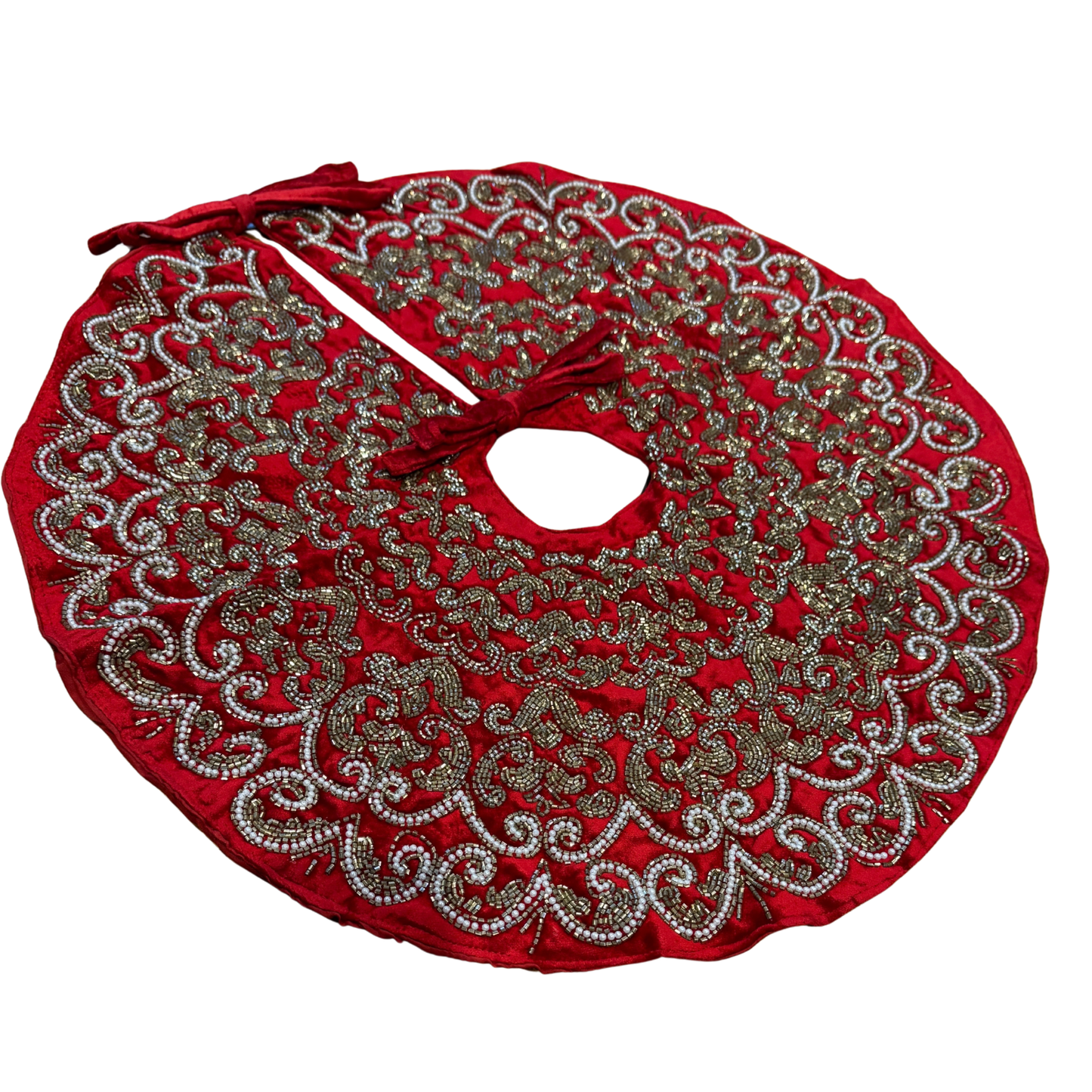 Red velvet Christmas tree skirt with gold and silver hand-beaded design