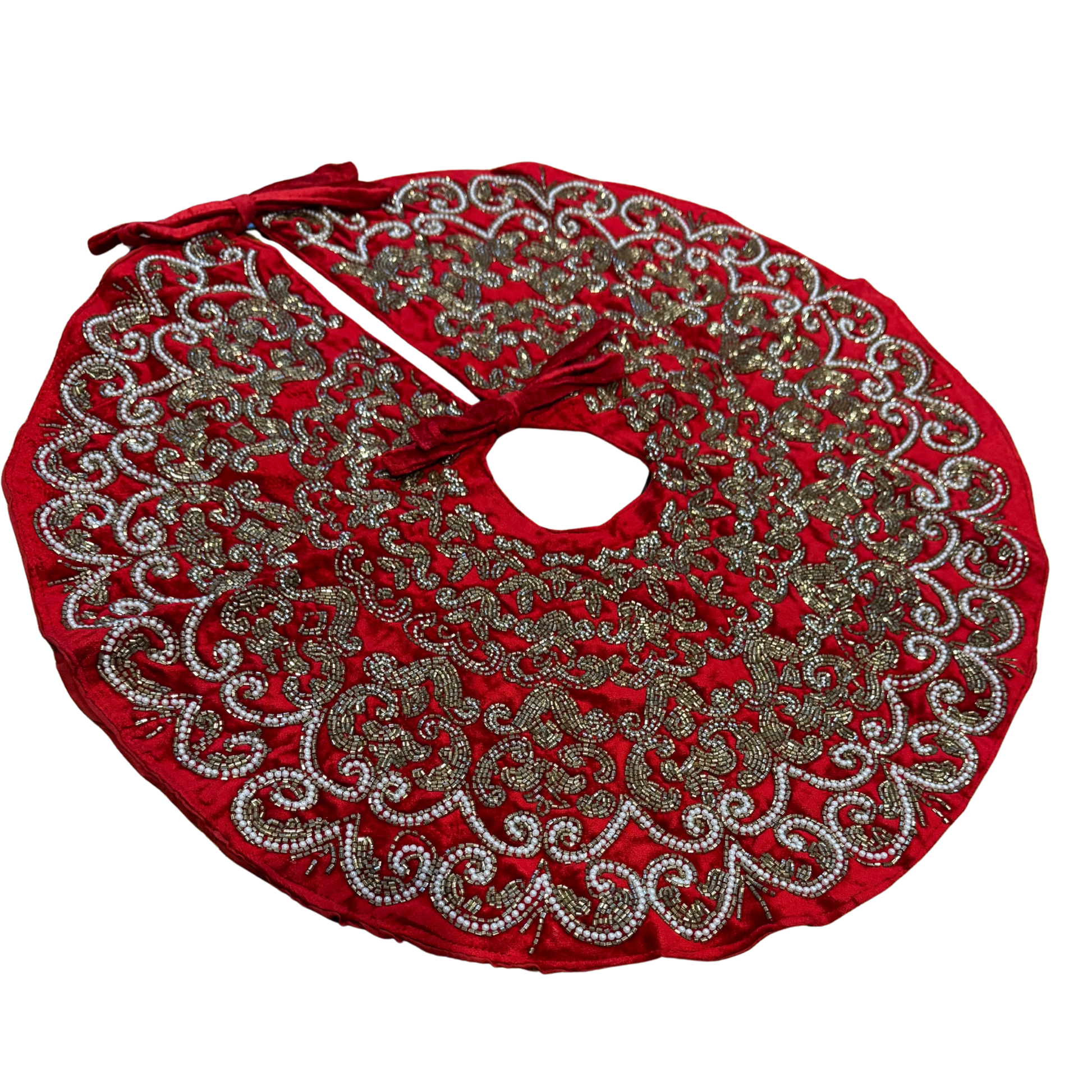 Red velvet Christmas tree skirt with gold and silver hand-beaded design