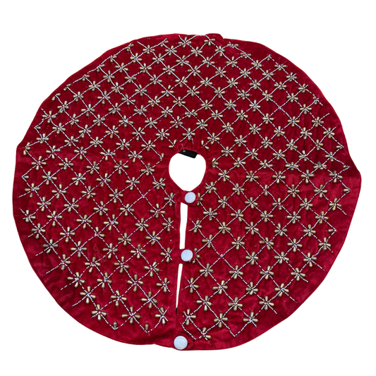 Red velvet Christmas tree skirt with silver lattice hand-beaded design
