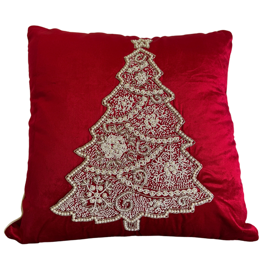 Hand-beaded red velvet Christmas cushion with Christmas tree 