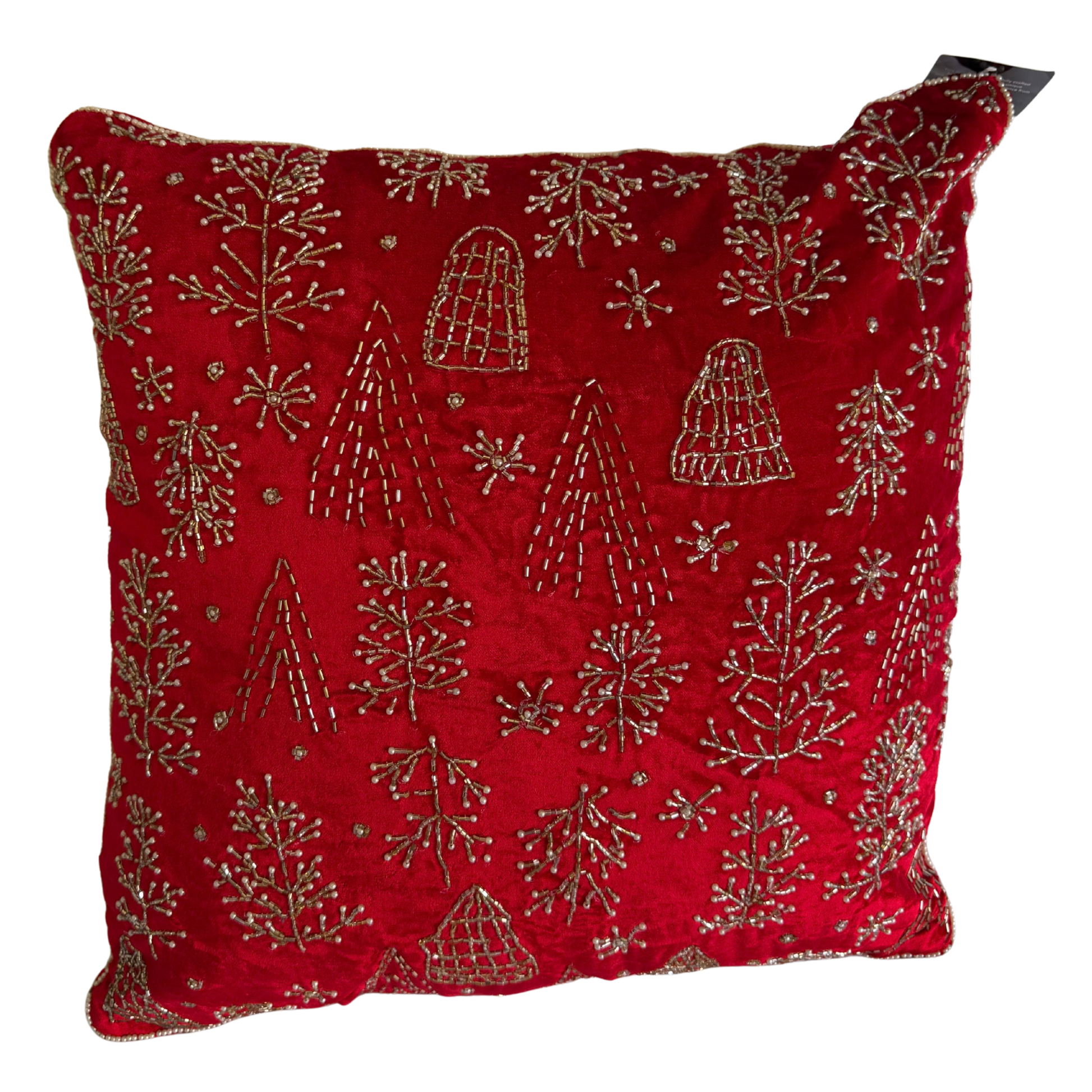 Hand-beaded red velvet Christmas cushion with silver tree and snowflake design