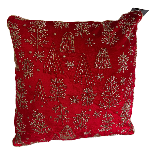 Hand-beaded red velvet Christmas cushion with silver tree and snowflake design