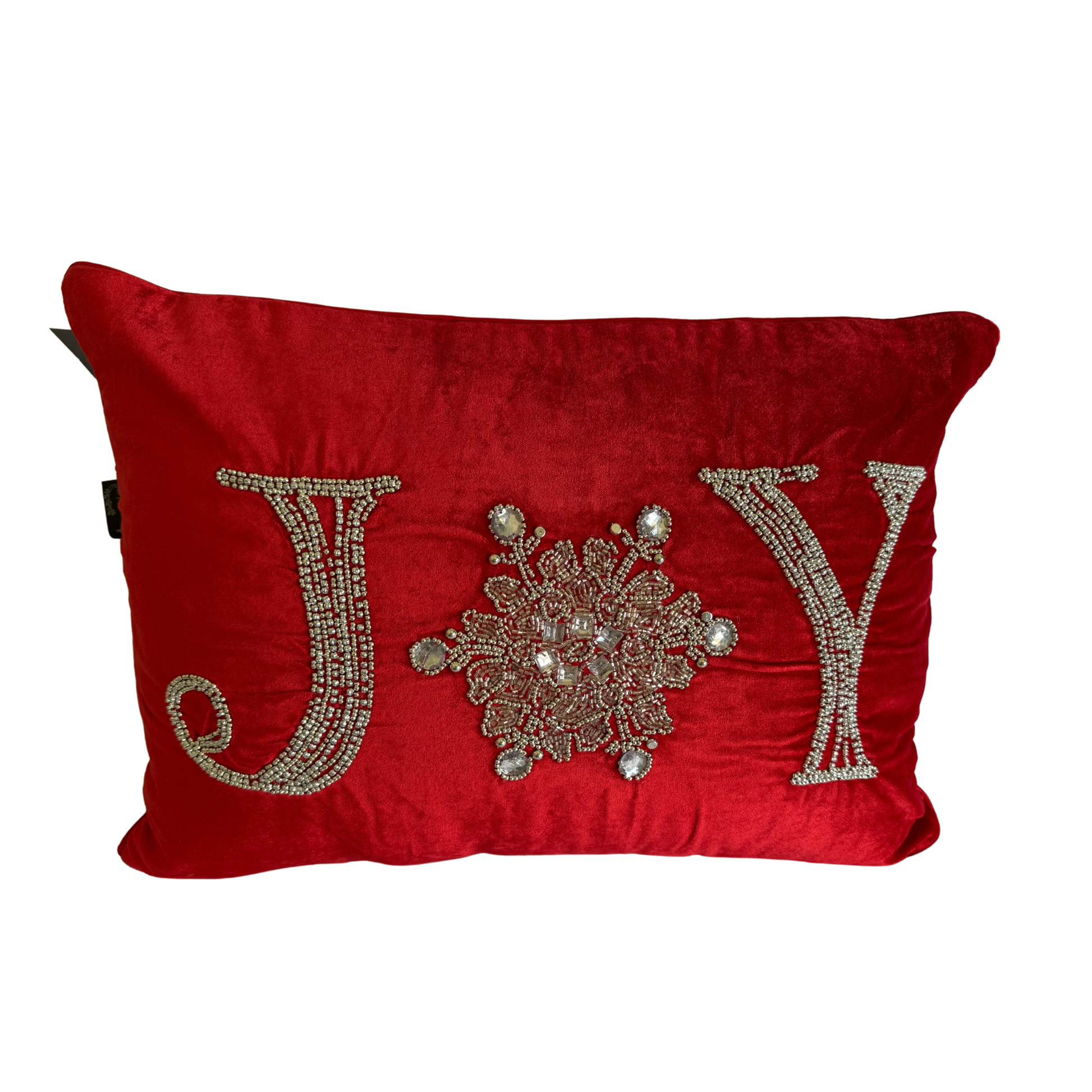 Red velvet cushion with hand-beaded “JOY” and snowflake in place of the letter "O"