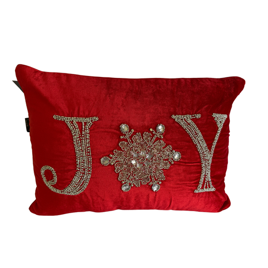 Red velvet cushion with hand-beaded “JOY” and snowflake in place of the letter "O"