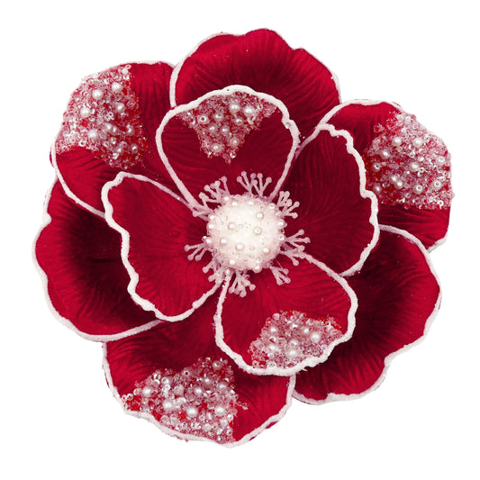 Red and white beaded magnolia clip-on flower decoration with white petal edges, pearl and sequin bead detail and white stamen centre