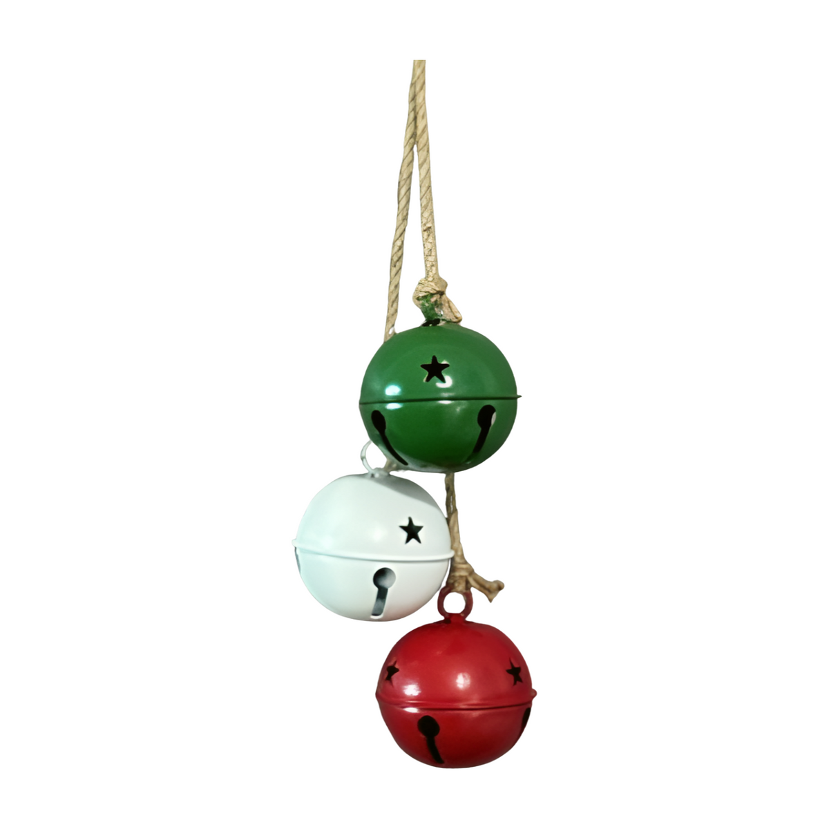 Three decorative metal bells in red, white, and green hanging from jute rope