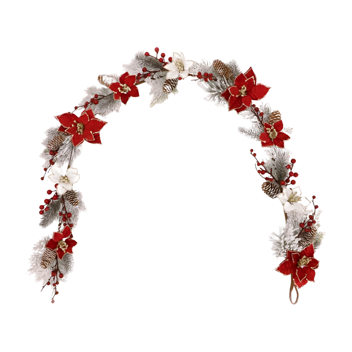 Christmas garland with red and white poinsettias, frosted pine branches, red berry clusters and pine cones on a white background