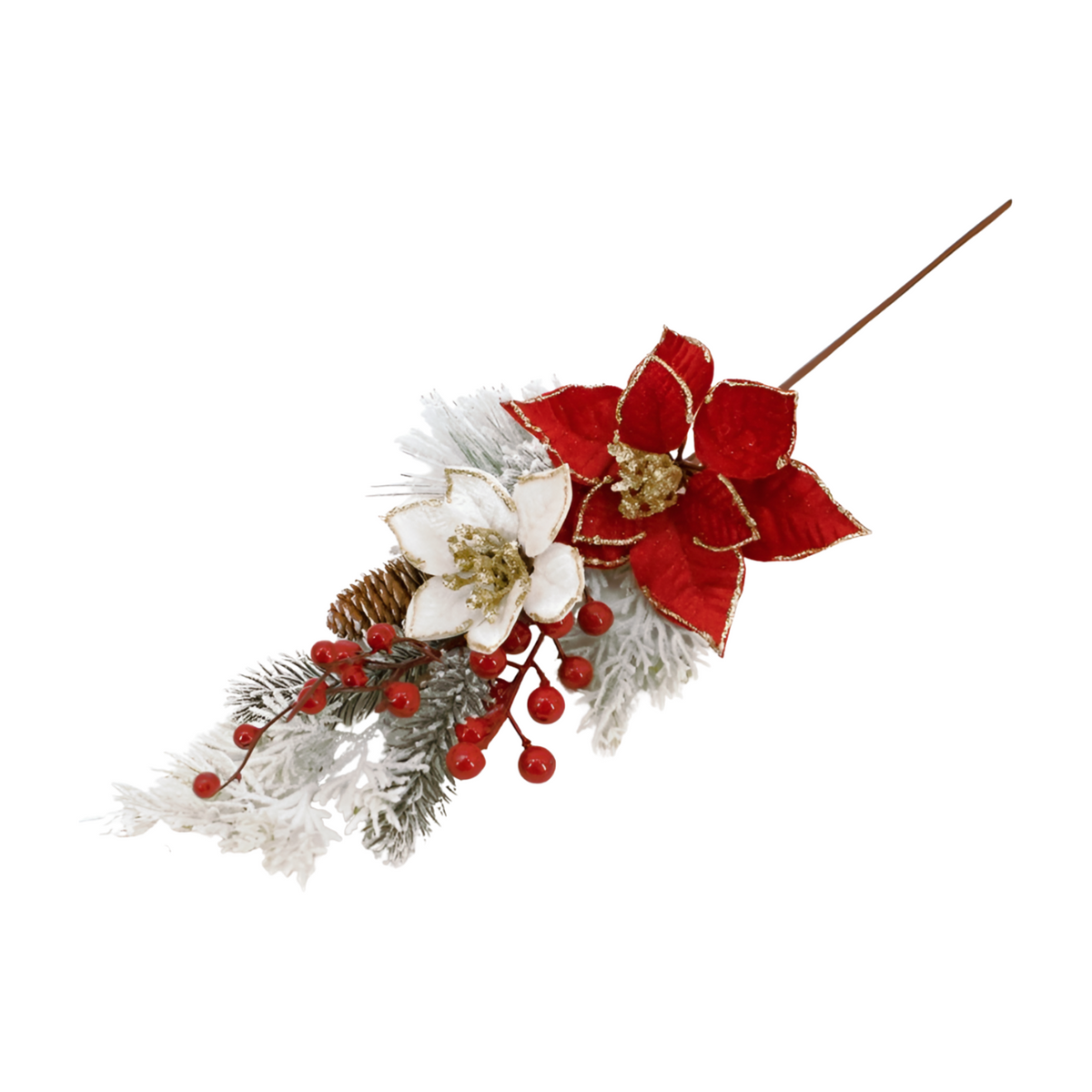 Red and white poinsettia Christmas pick with frosted pine, red berries and pine cone on a wire stem