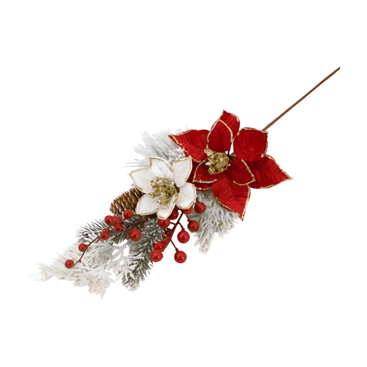 Red and white poinsettia Christmas pick with frosted pine, red berries and pine cone on a wire stem