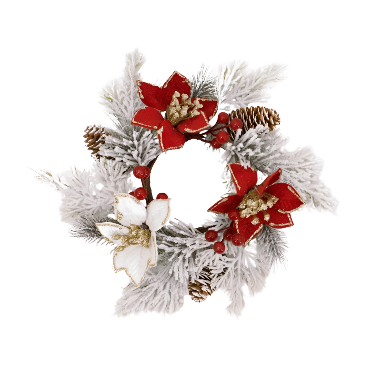 Christmas wreath with frosted pine, red and white poinsettias, pine cones and red berry clusters
