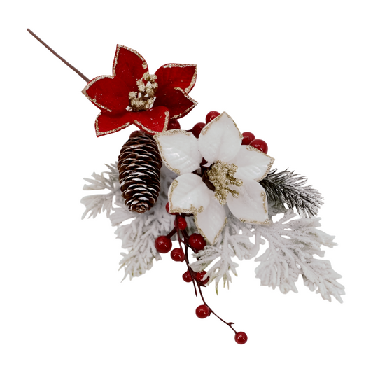 Red and white poinsettia Christmas pick with snow-dusted pine, large pine cone and red berries on a wire stem