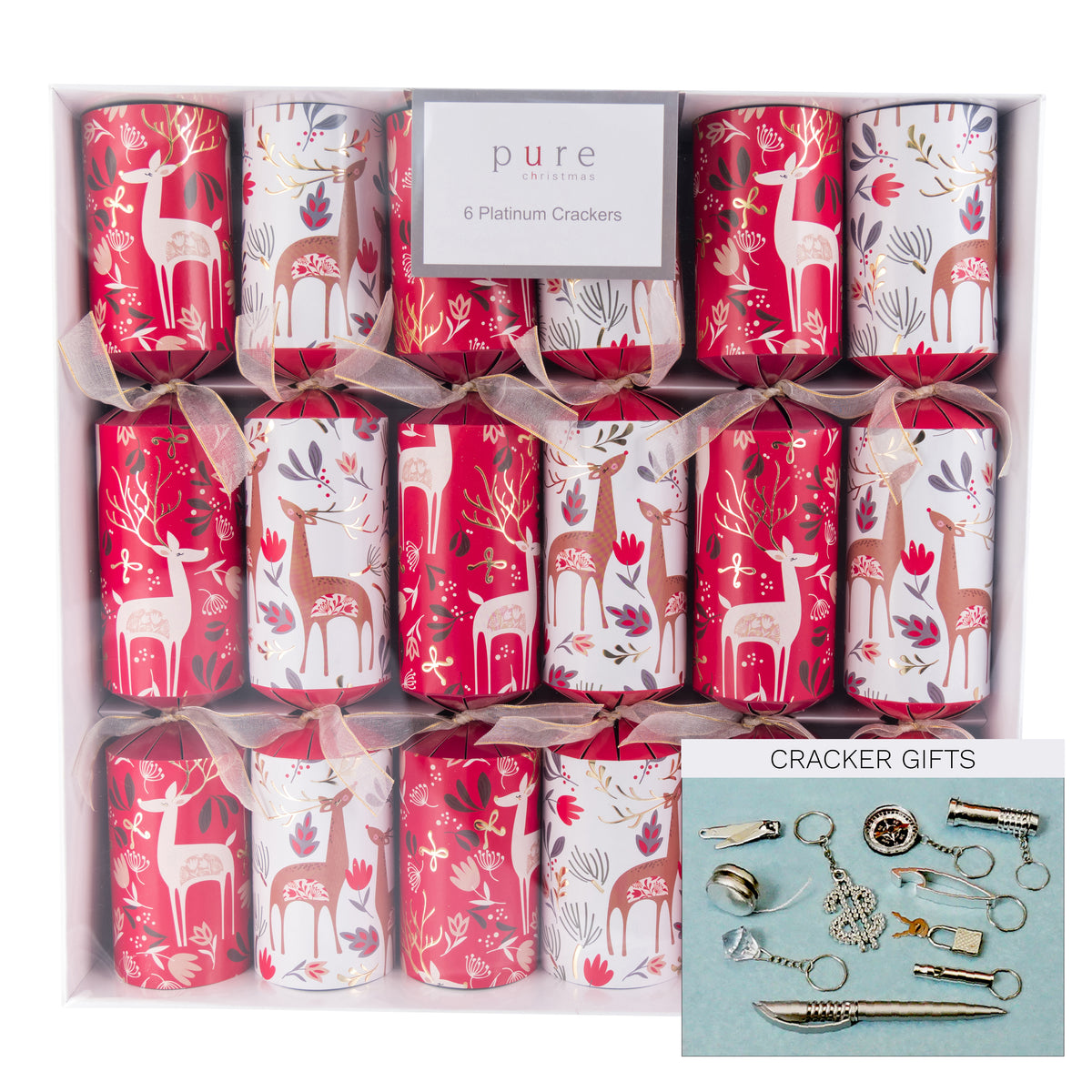 Box of six red and white woodland deer platinum Christmas crackers with gold ribbon bows and novelty gifts