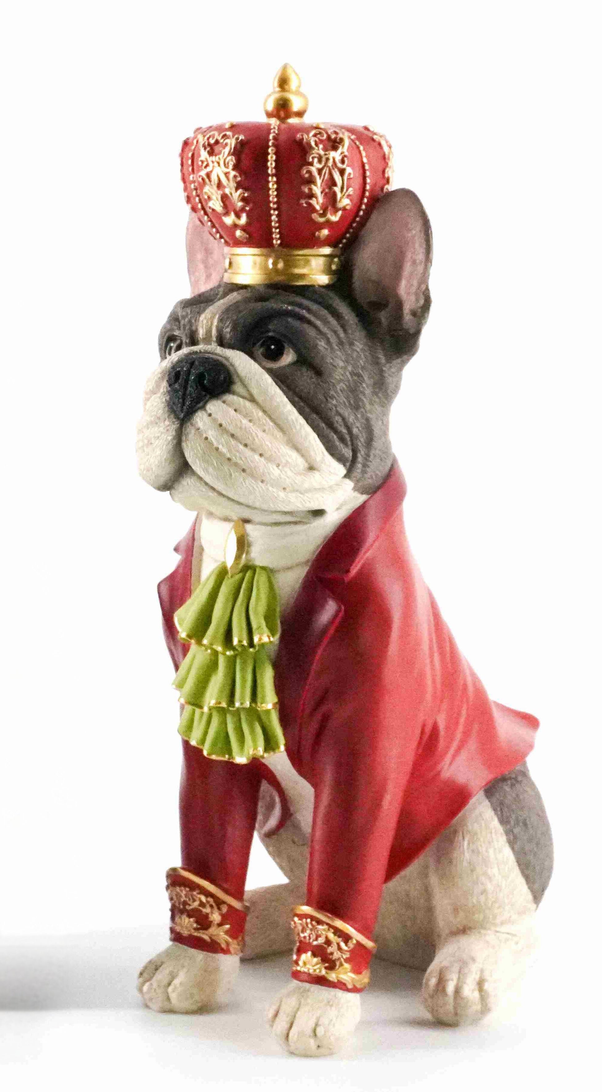 Regal French bulldog figurine wearing a red coat and gold crown