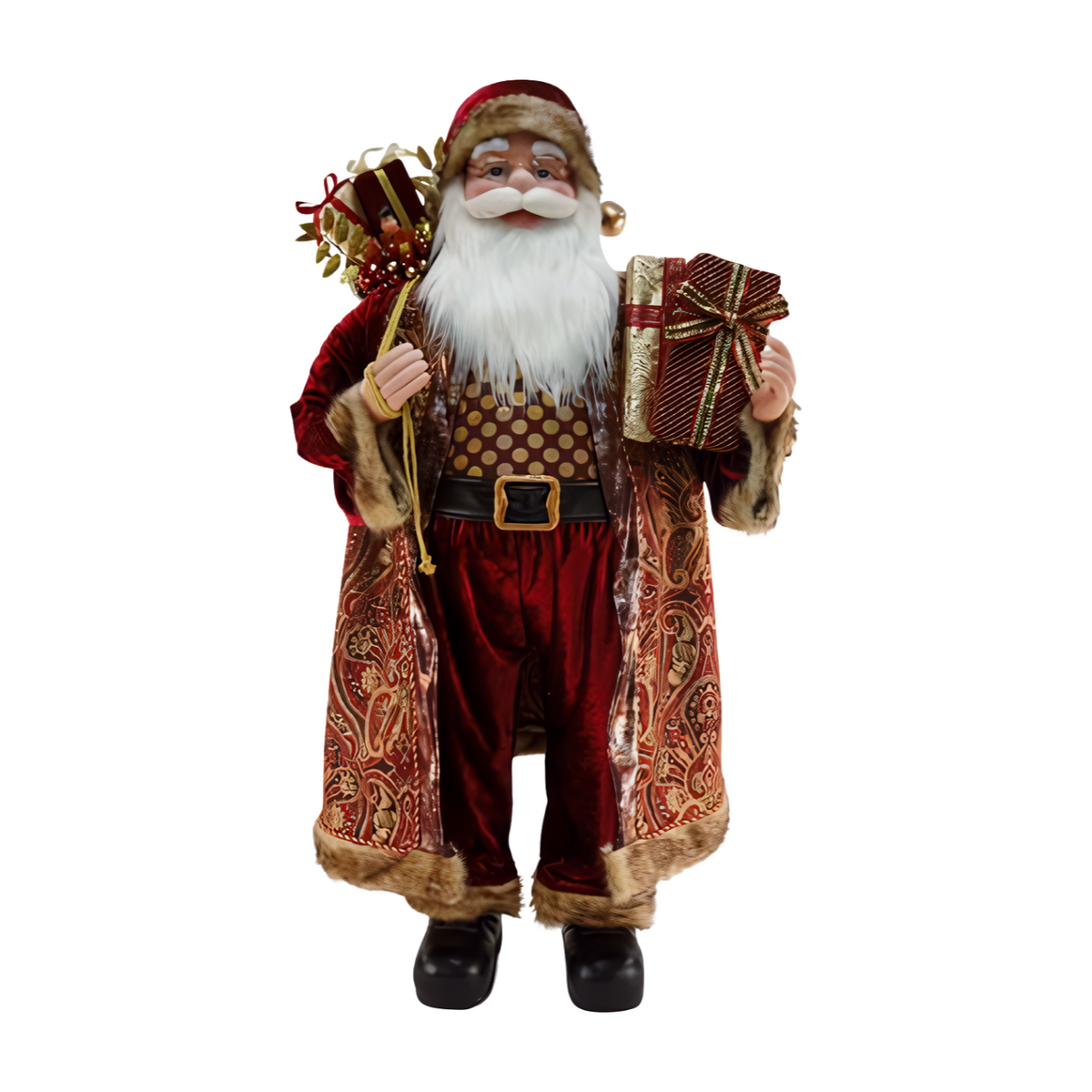 Santa figurine wears a red velvet coat with gold paisley lining and brown fur trim, holding wrapped gifts and present sack