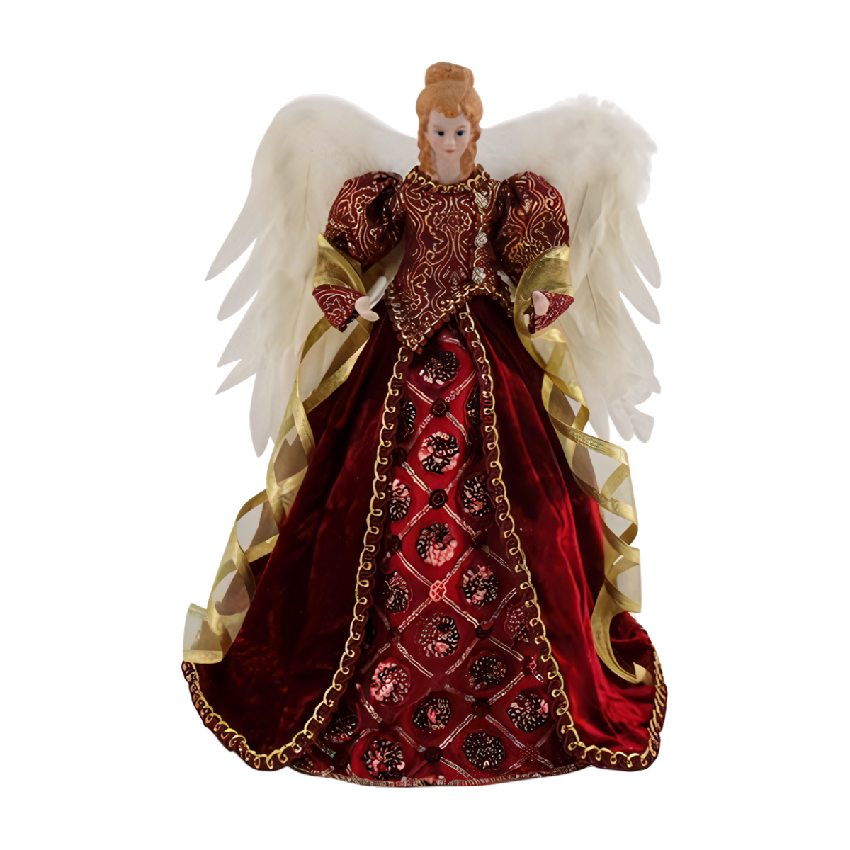 Angel tree topper wears a red velvet gown with gold embroidery and white feathered wings, matching Regal Santa and Mrs Claus