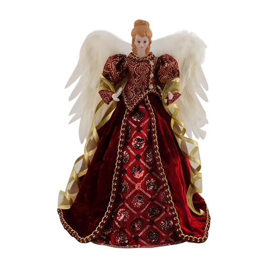 Angel tree topper wears a red velvet gown with gold embroidery and white feathered wings, matching Regal Santa and Mrs Claus
