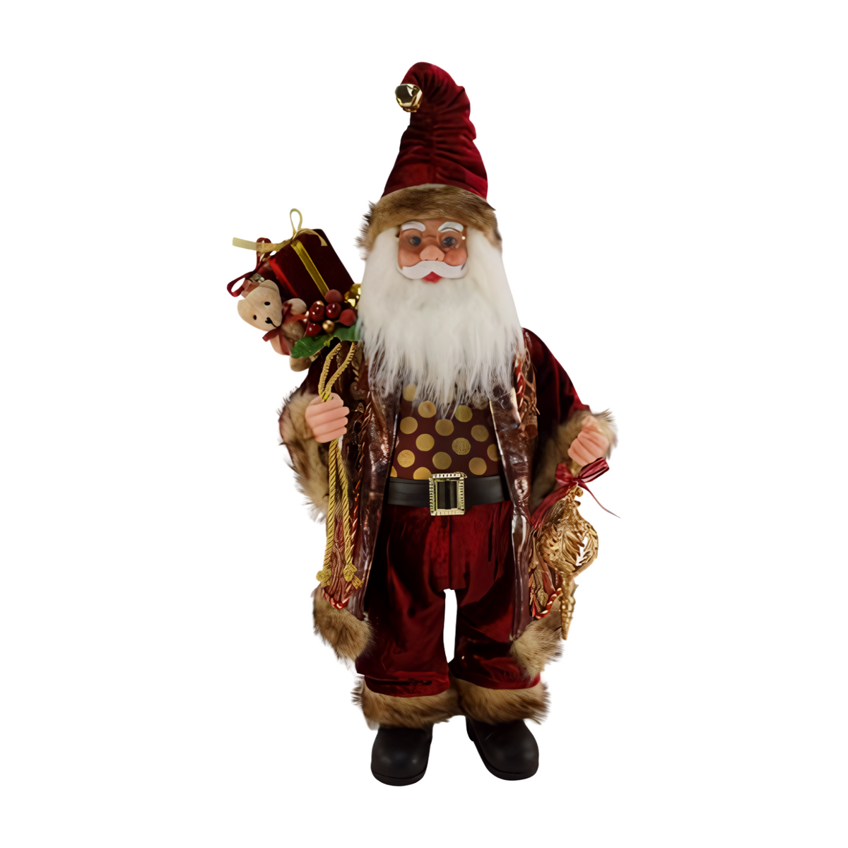 Santa figurine wearing a red velvet coat with brown fur trim and gold accents, holding a sack of gifts and a teddy bear