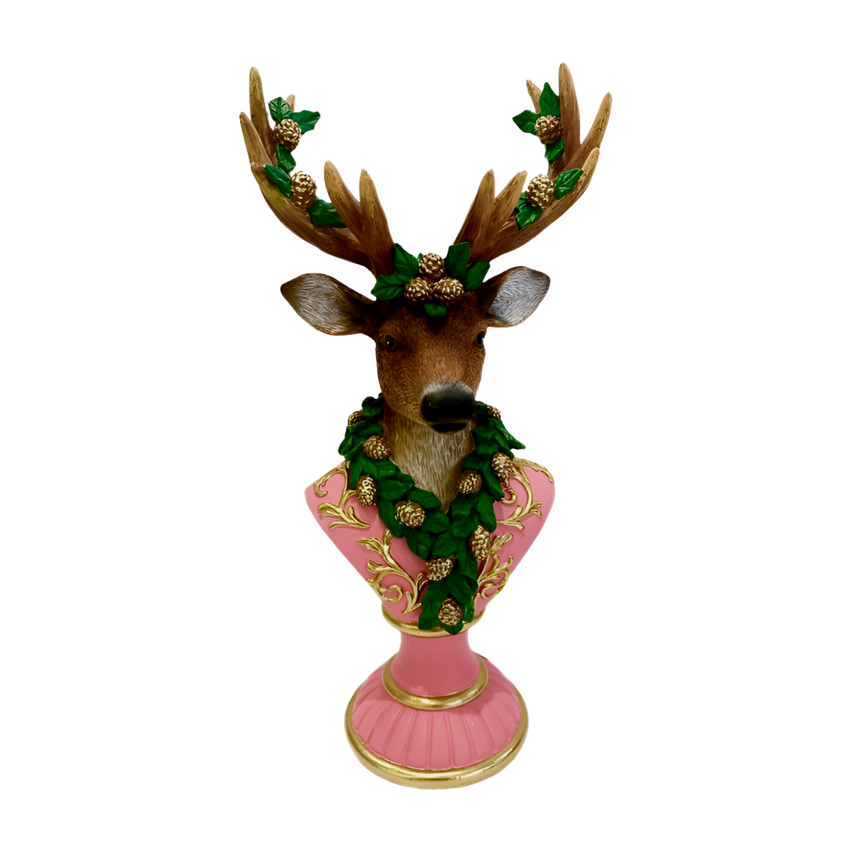 Reindeer bust figurine with holly and gold pinecone garland on antlers and neck, set on a pink and gold base