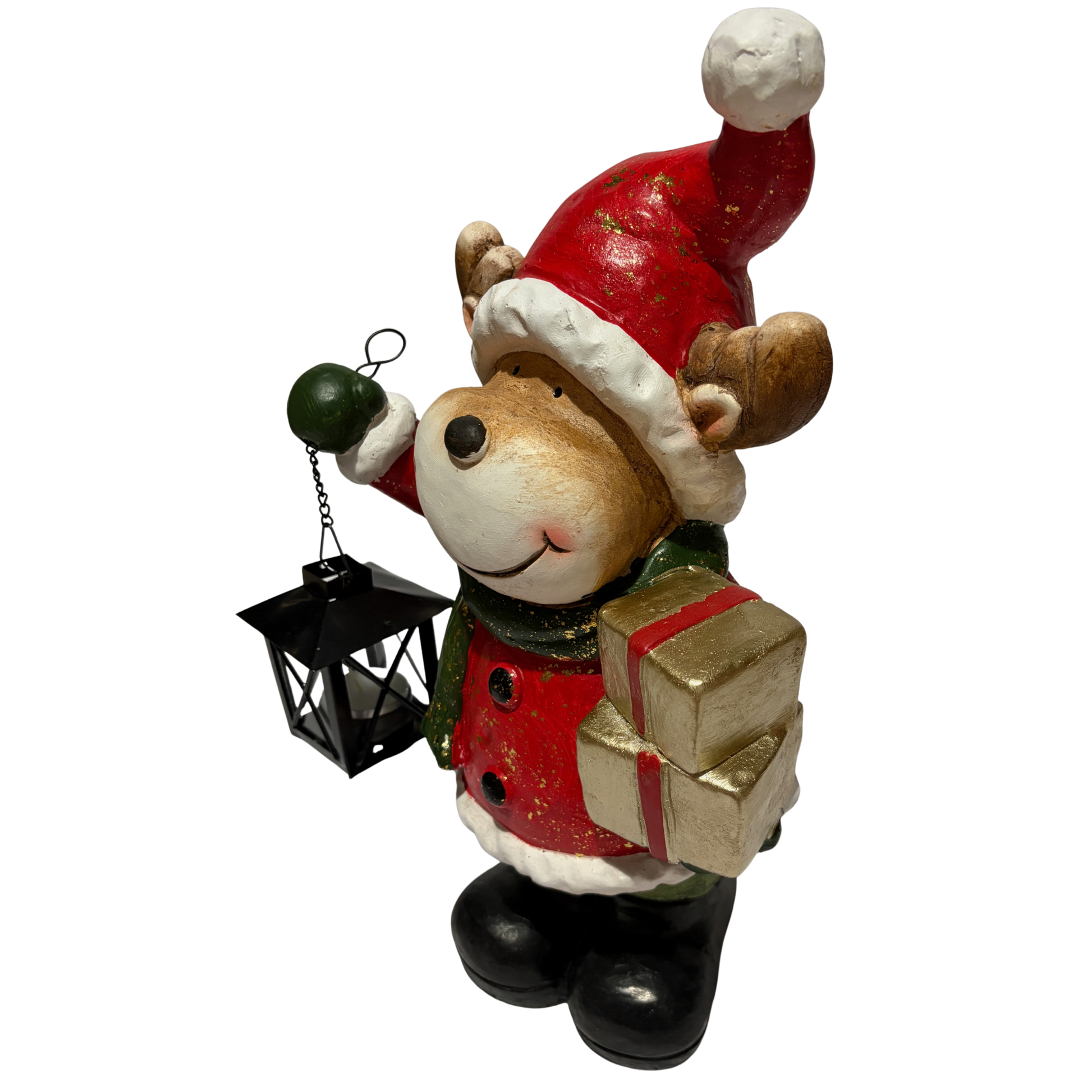 Smiling reindeer figurine wearing a red Santa outfit and green scarf, holding a lantern and a wrapped gift