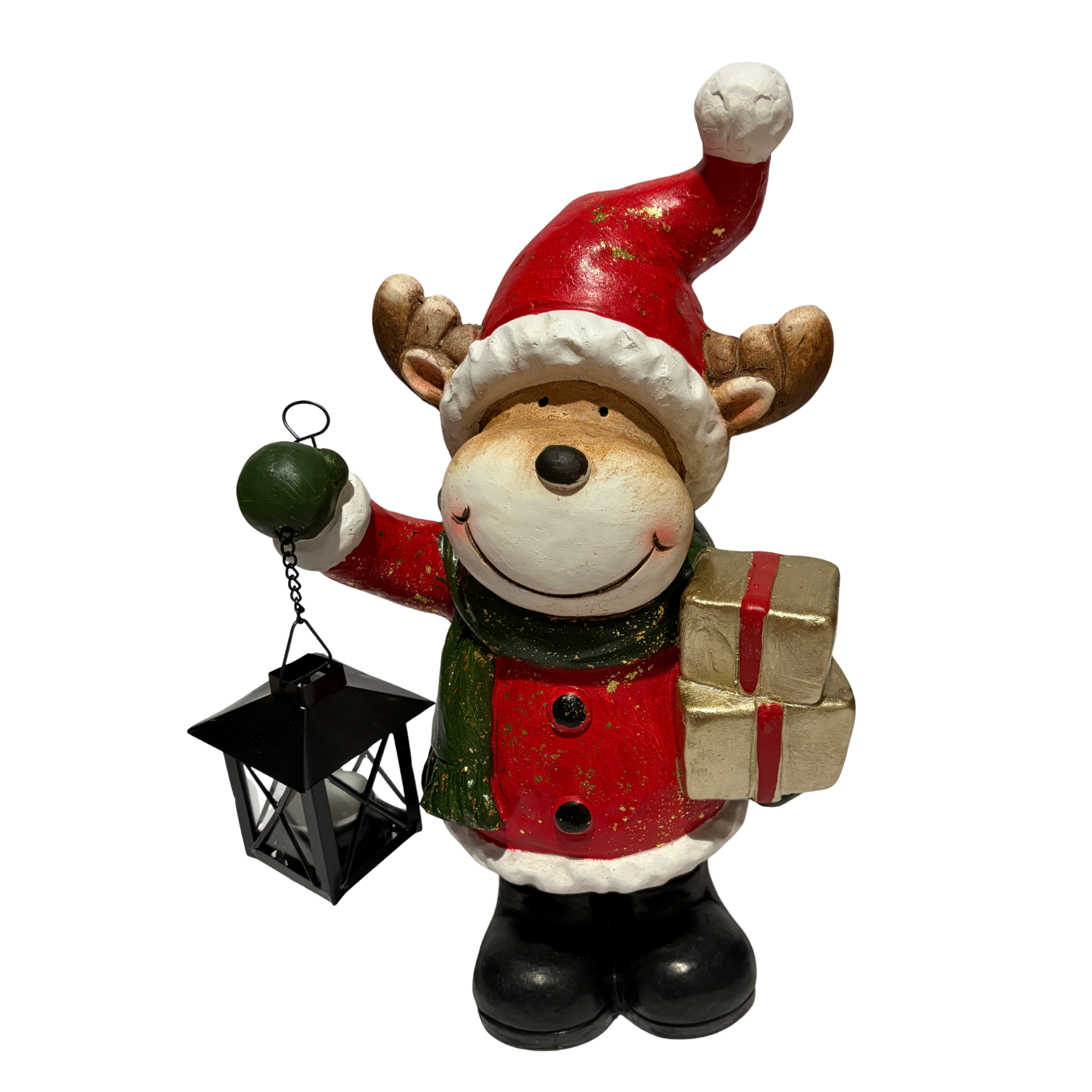 Smiling reindeer figurine wearing a red Santa outfit and green scarf, holding a lantern and a wrapped gift