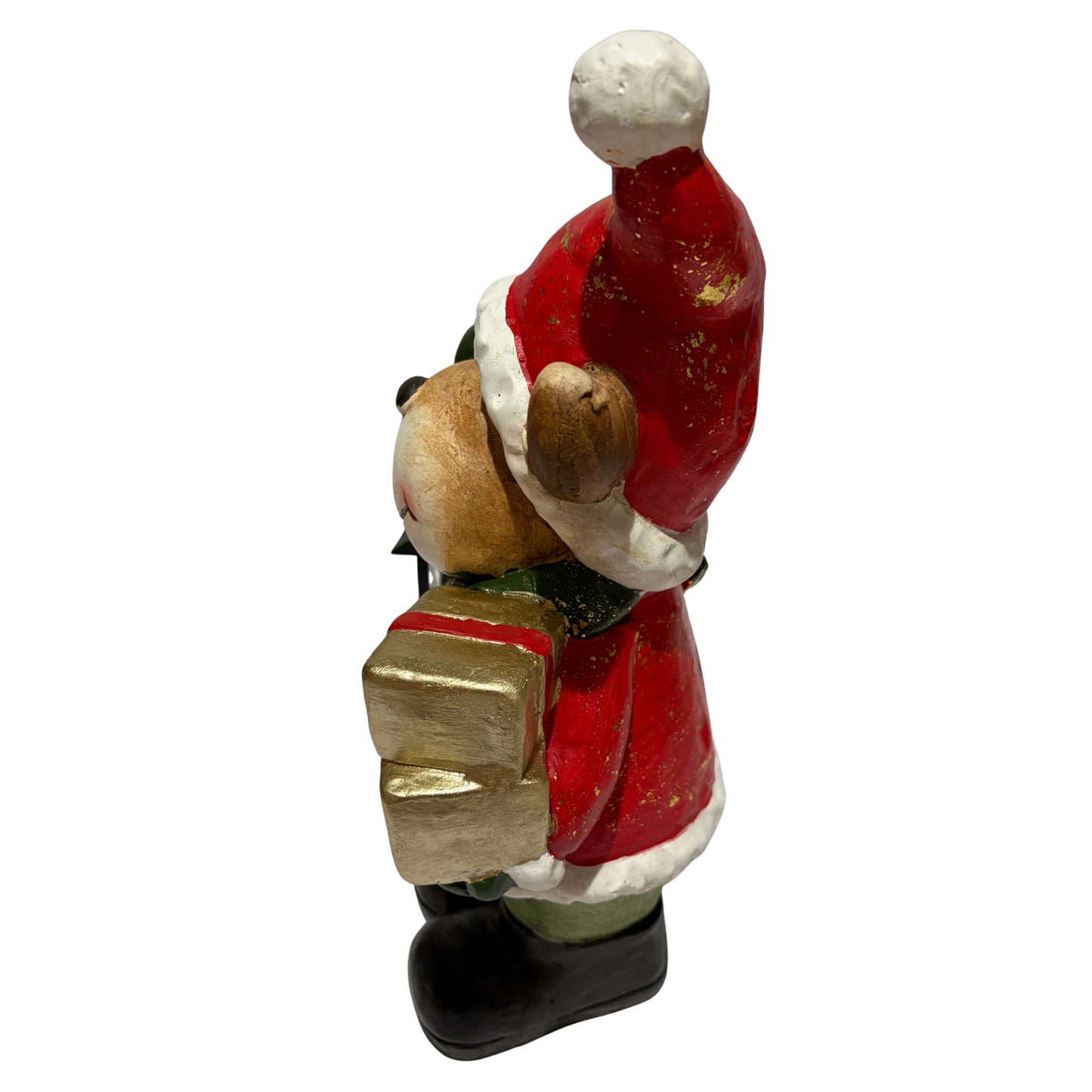 Smiling reindeer figurine wearing a red Santa outfit and green scarf, holding a lantern and a wrapped gift