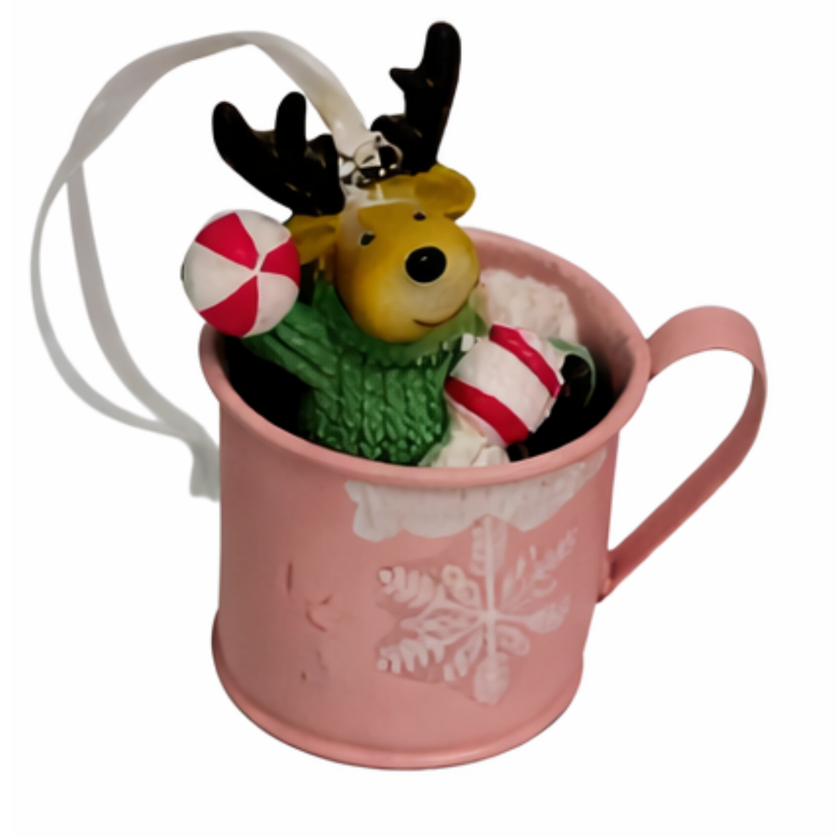 Pink mug Christmas tree ornament with a reindeer figurine and snowflake detail