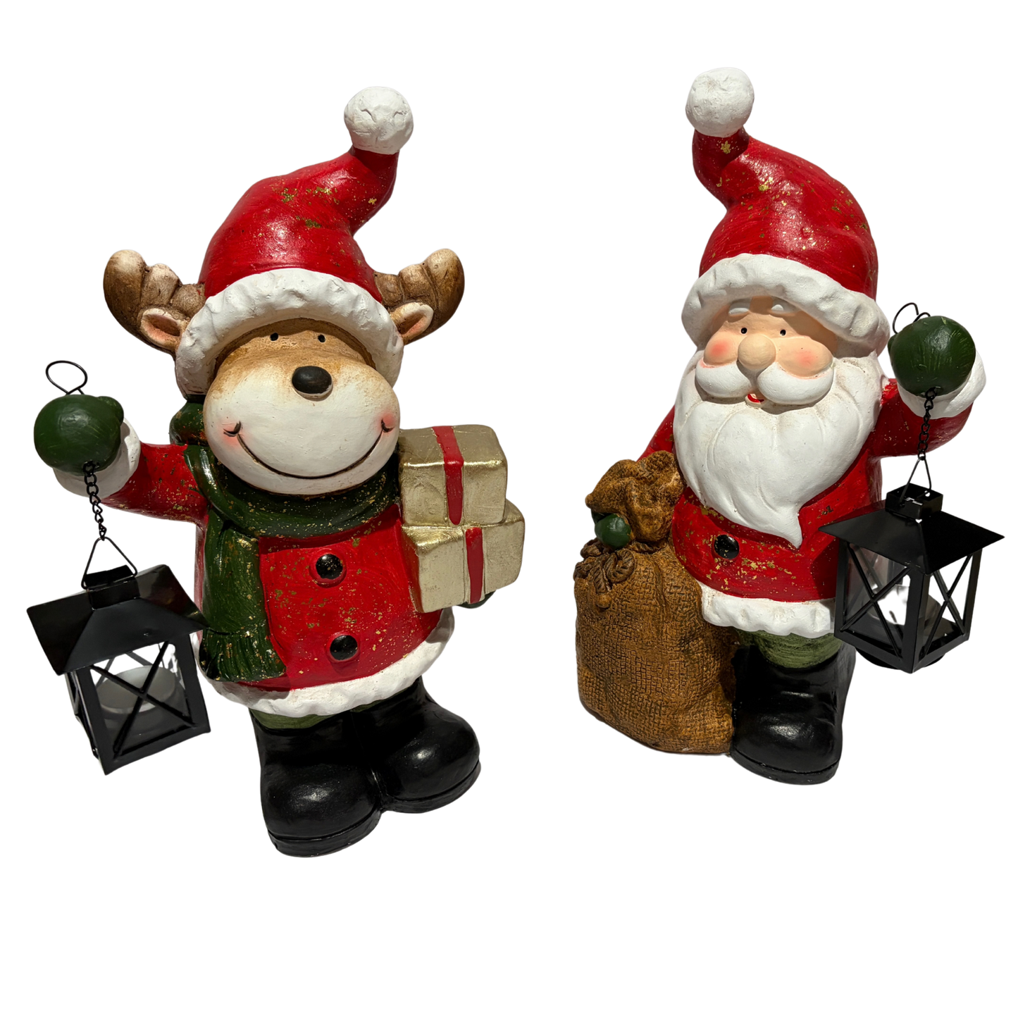 Two Christmas-themed figurines: a reindeer and Santa Claus, on a white background.