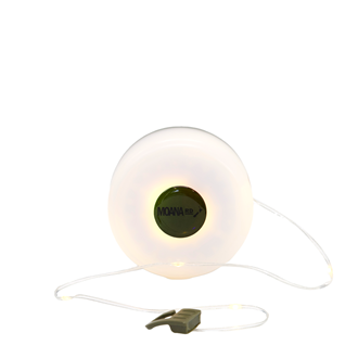 Retractable fairy light reel glowing warm white with attached cord and clip