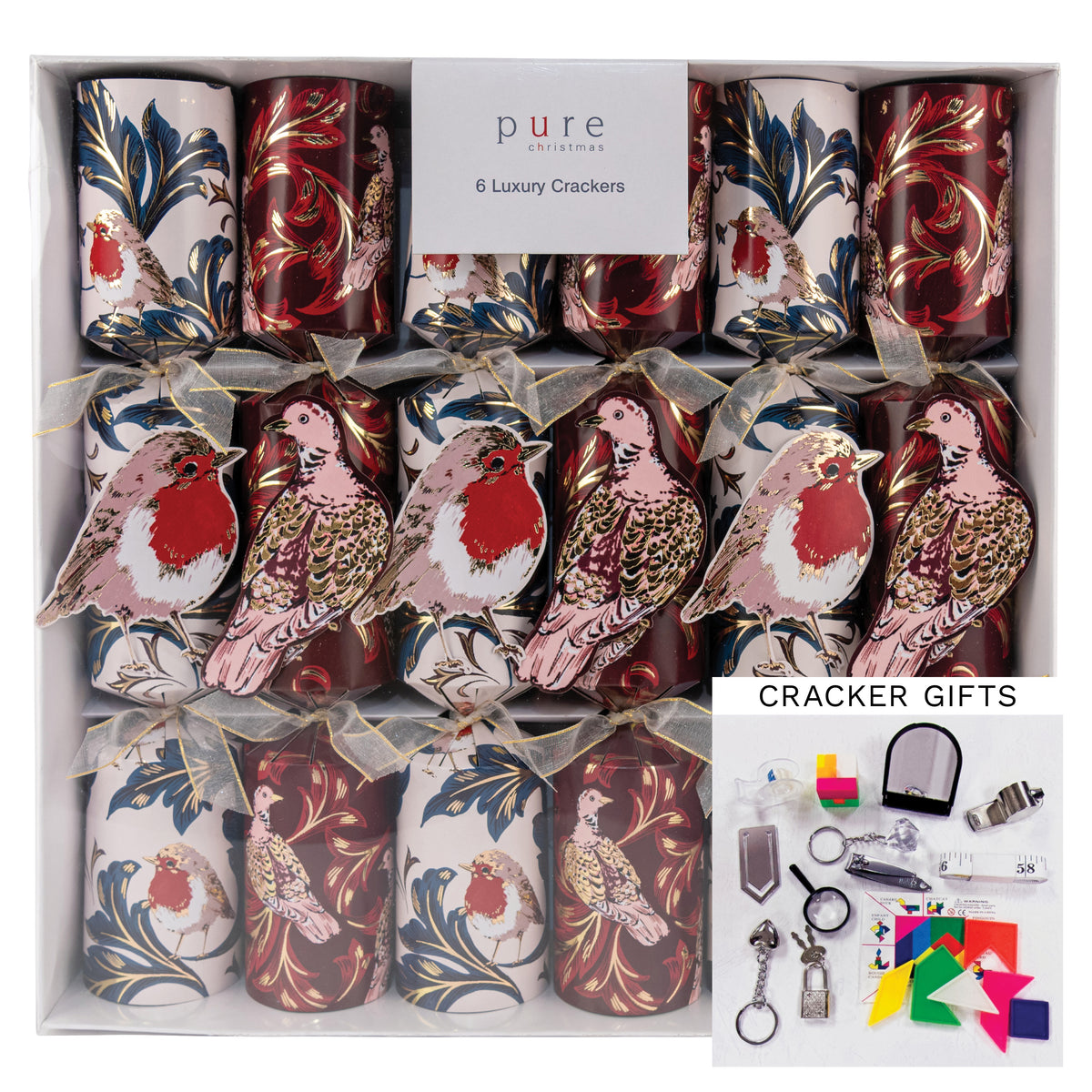 Box of six robin and pheasant luxury Christmas crackers in burgundy and cream with gold foil botanical design