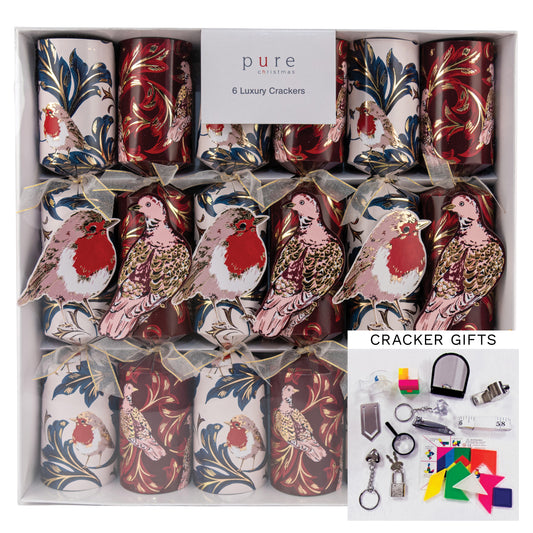 Box of six robin and pheasant luxury Christmas crackers in burgundy and cream with gold foil botanical design