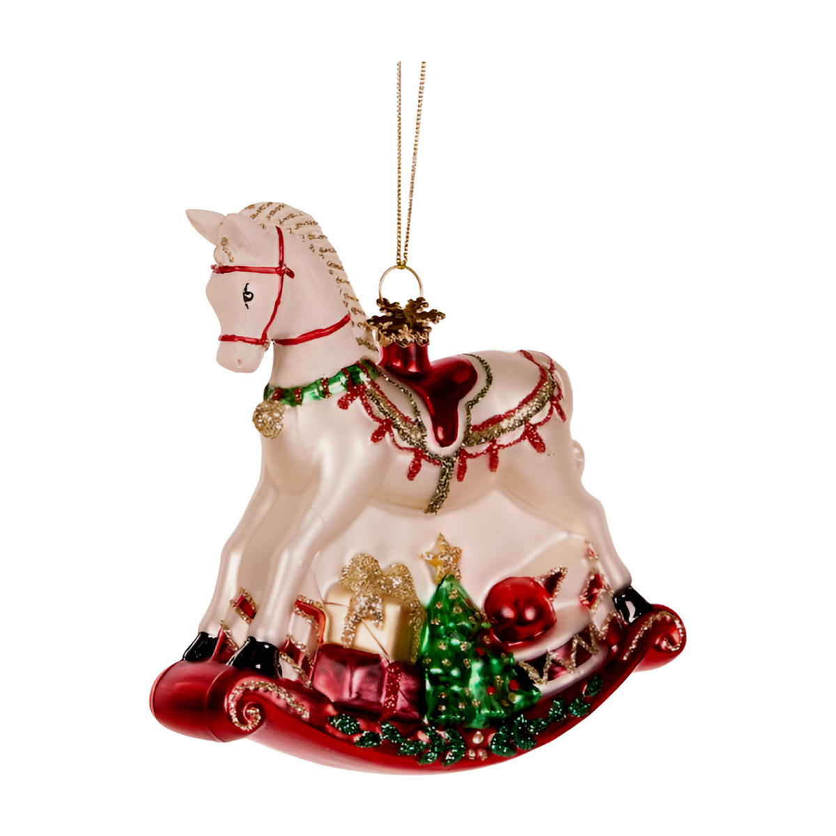 Glass rocking horse decoration with red and gold accents, Christmas tree, and gifts on the base