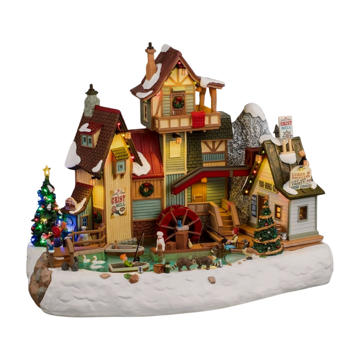 Illuminated Rocky River Grist Mill Christmas village scene with water wheel, fishing figures, animals, decorated trees, and lures shop