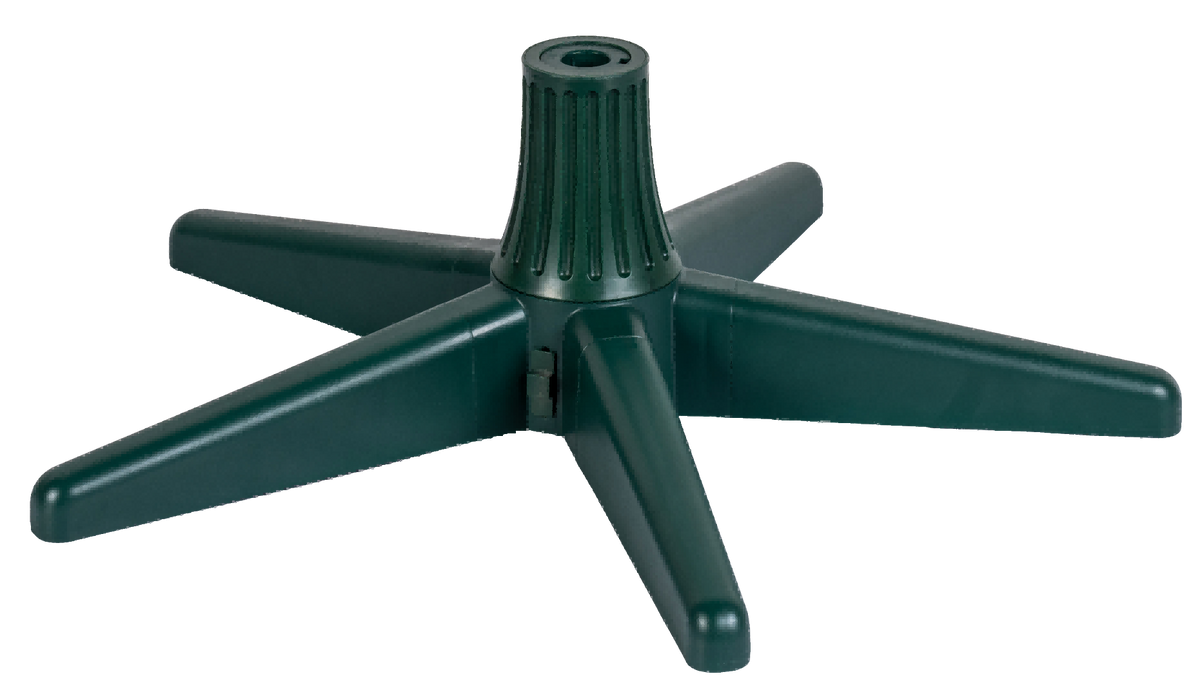 Green rotating Christmas tree stand with star-shaped base on white background