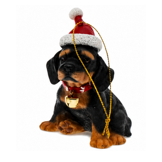 Sitting rottweiler puppy Christmas ornament wearing a red Santa hat and red bell collar