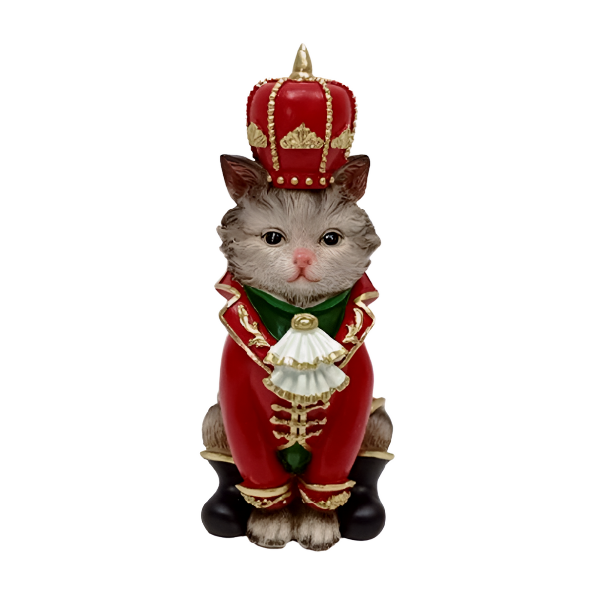 Grey cat Christmas figurine dressed as Nutcracker King in red gold military jacket and crown