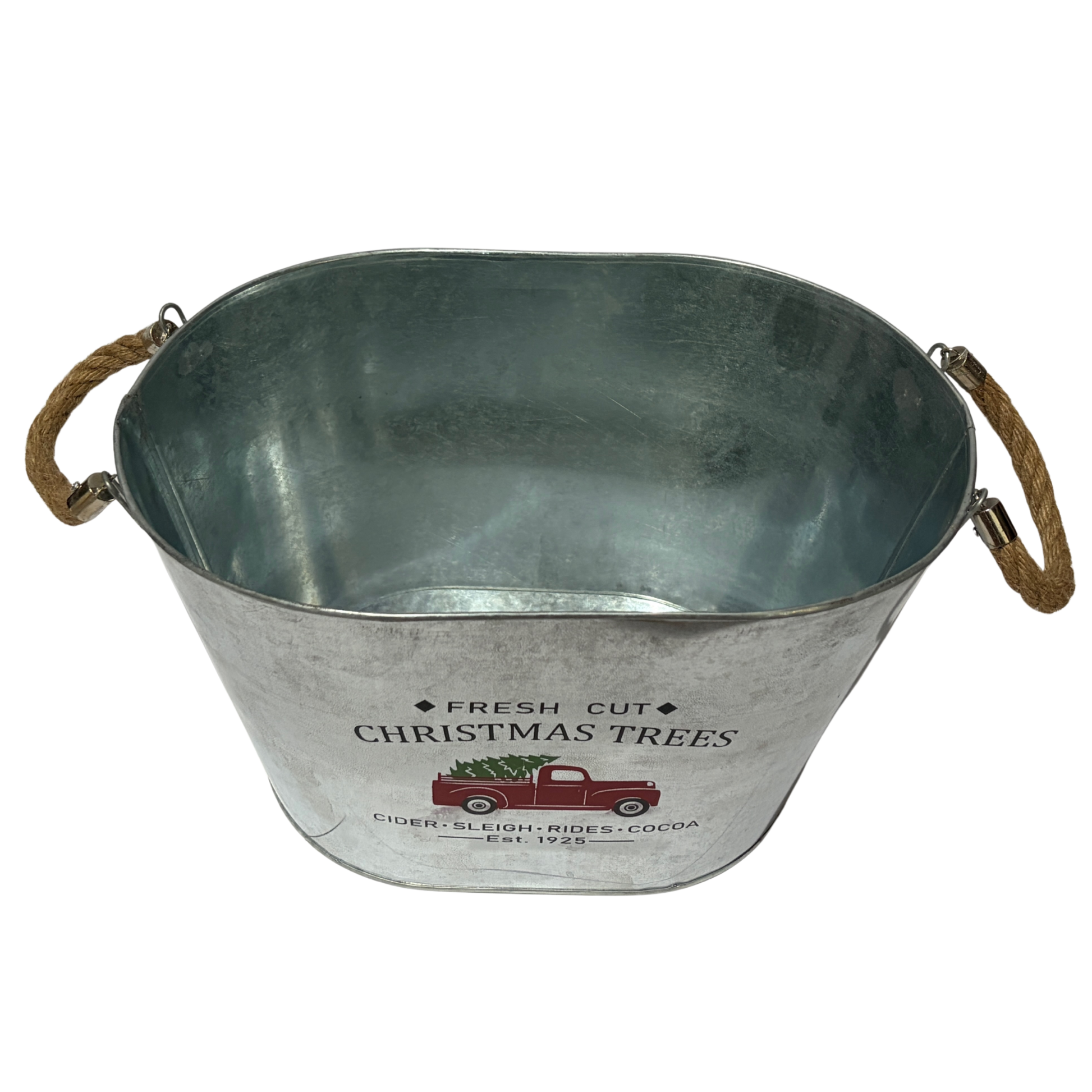 Metal Christmas tub with rope handles, decorated with a vintage red truck carrying a Christmas tree
