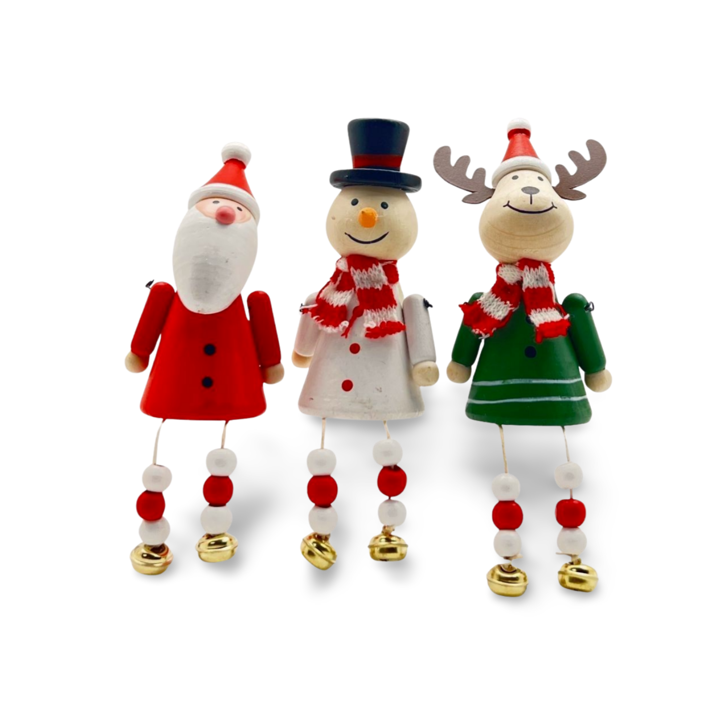 Three wooden Christmas shelf sitters: Santa in red, a snowman in white with a top hat, and a reindeer in green, each with dangling beaded legs and jingle bells.